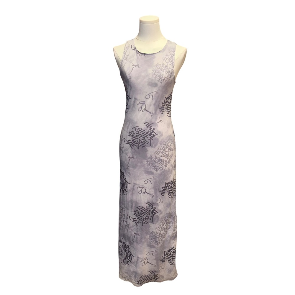 Euro Graphic Maxi Dress Women S Grey White Gothic Script Tie Dye Good Sleeveless